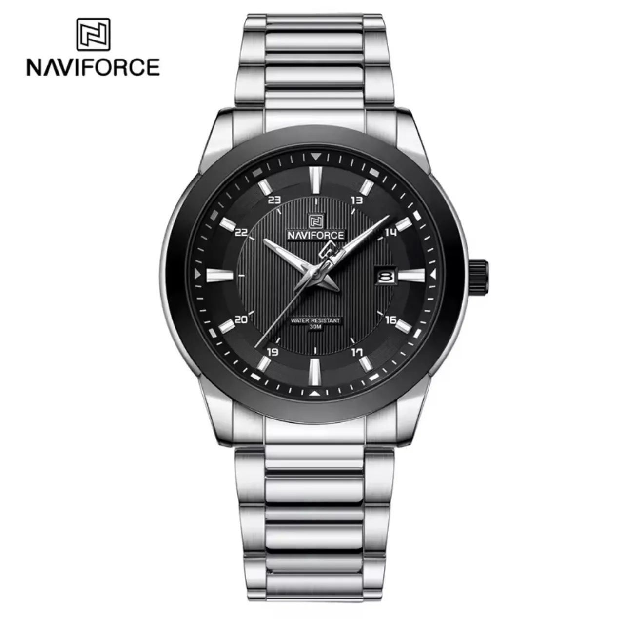 Relógio Masculino NAVIFORCE NF8029 Original Prata Mostrador Preto em Aço