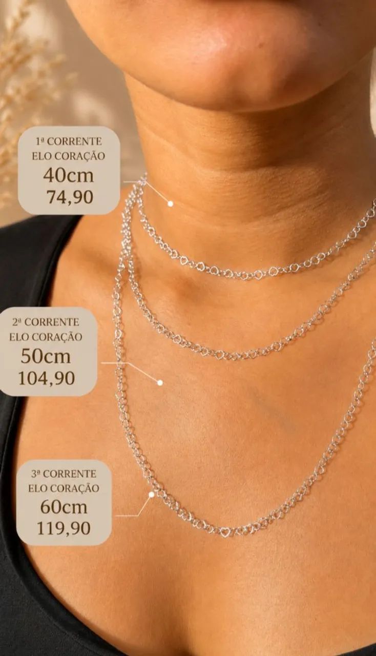 Corrente Elo Coração 40cm 50cm 60cm Prata 925