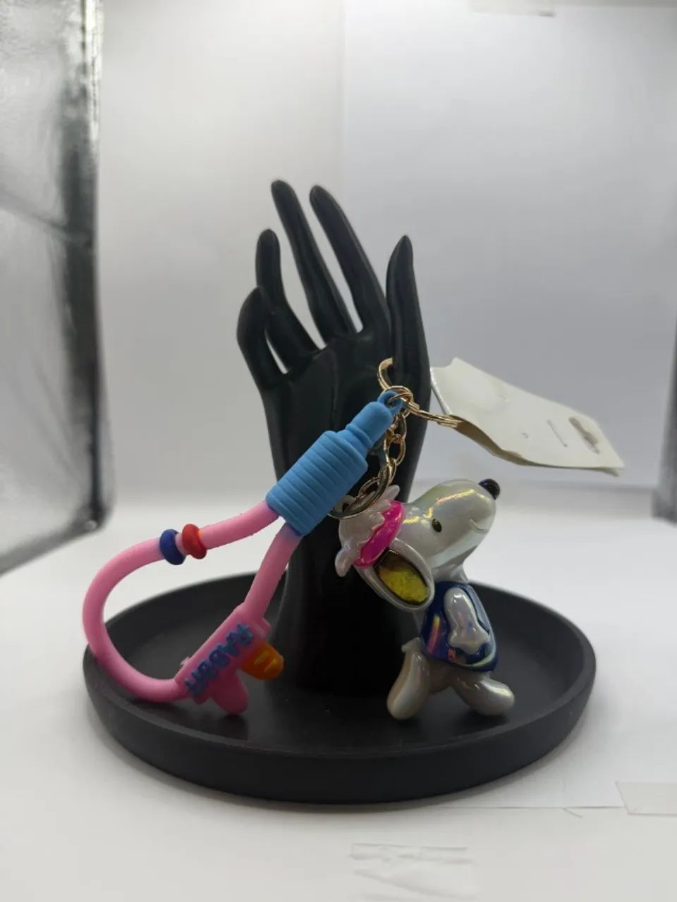 Chaveiro Snoopy astronauta silicone rosa e azul