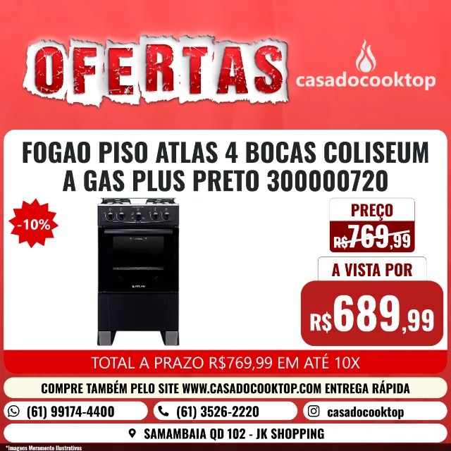 FOGAO PISO ATLAS 4 BOCAS COLISEUM A GAS PLUS PRETO 300000720