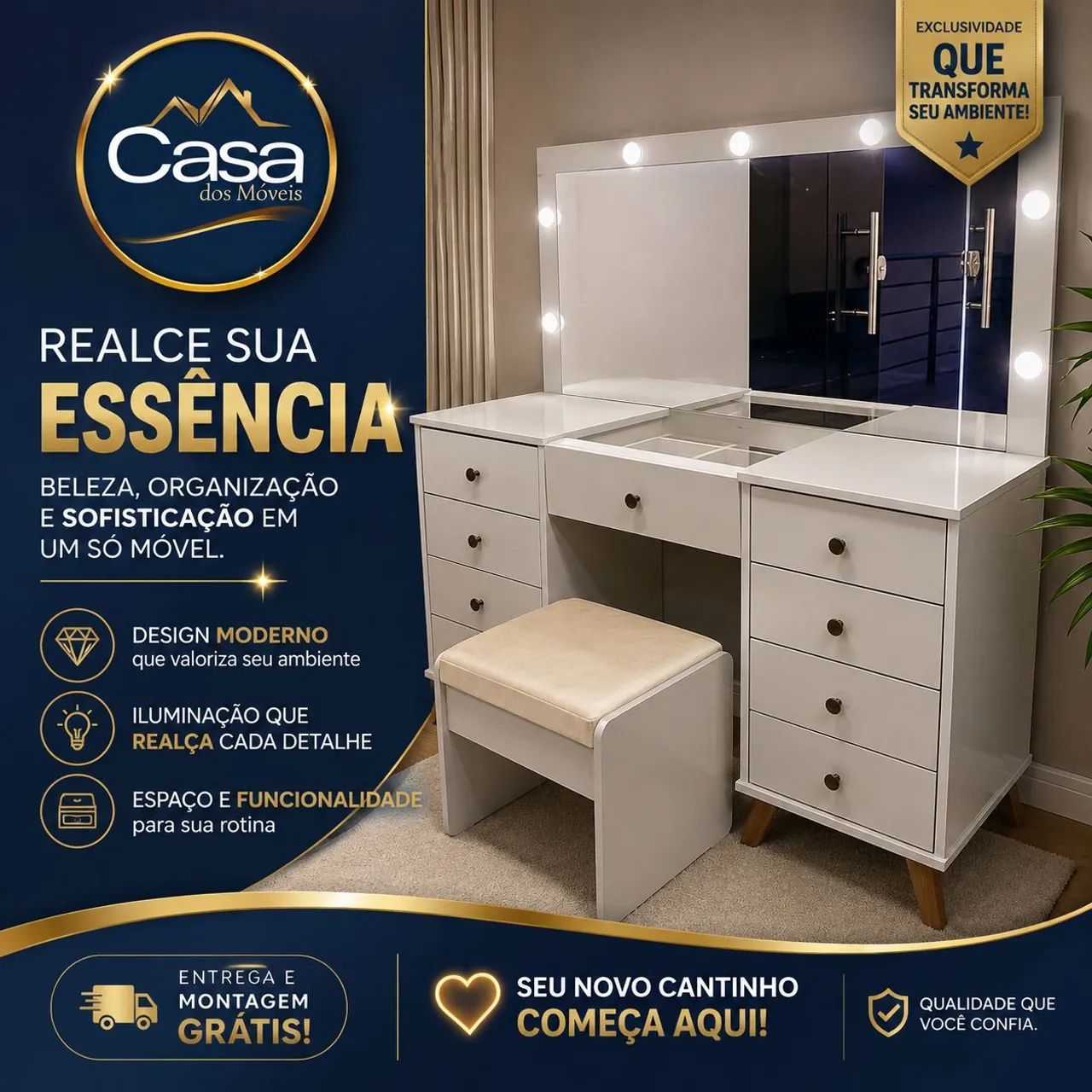 Penteadeira com Led e banqueta Eloá 