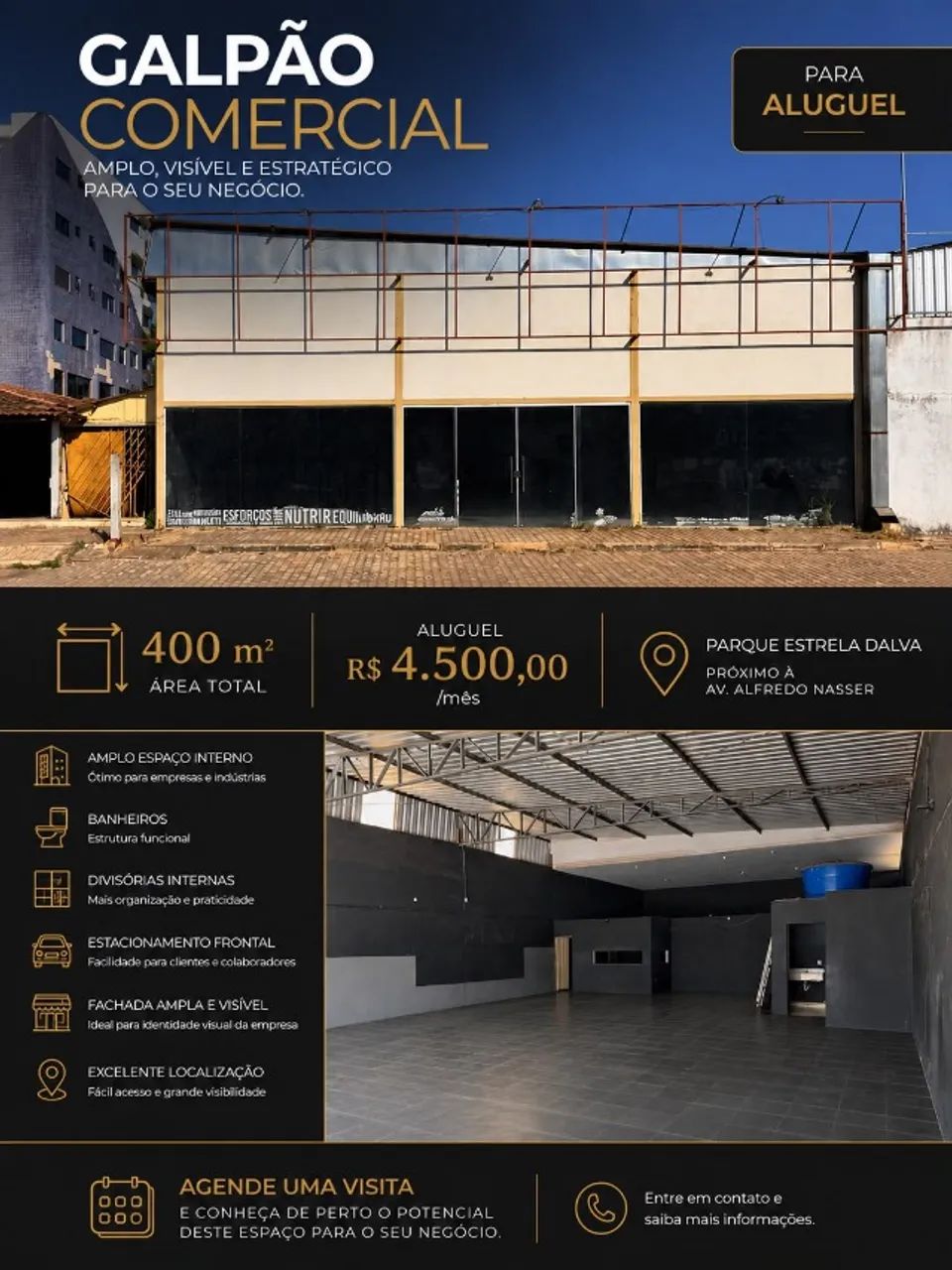 GALPÃO COM 400M2, BANHEIROS E DIVISÃO INTERNA ARA ALUGUEL. PROXIMO À AV ALFREDO NASSER