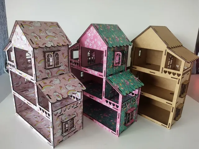 Casinha De Boneca Polly Mdf Pintada Adesivada 43 Móveis cru