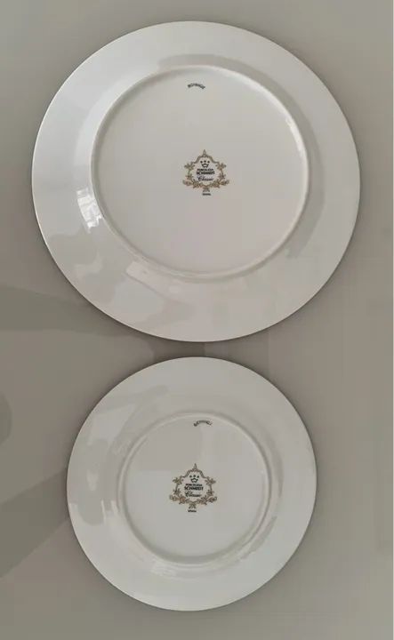 PRATOS EM PORCELANA SCHMIDT BRANCA COM DECORAÇÃO FLORAL E FAIXAS AZUL E VERDE. - Foto 5