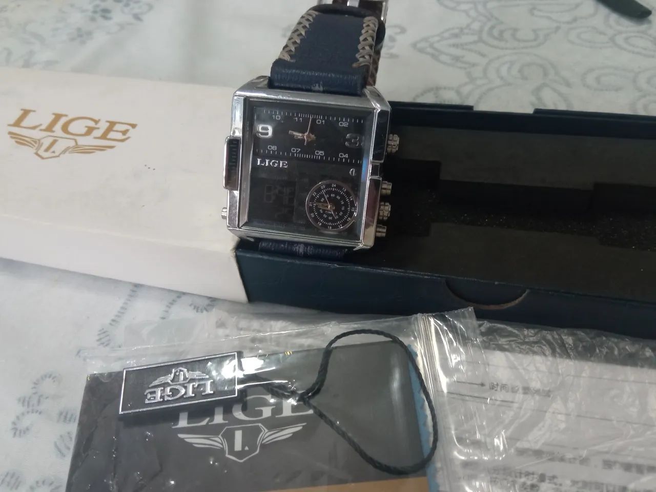 Relógio Lige original dual time e digital com caixa e manual