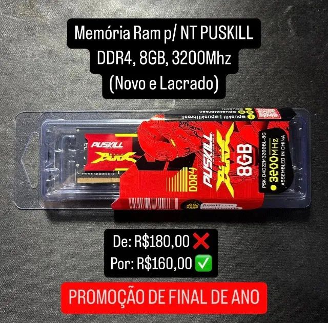 Memória Ram p/ NT PUSKILL, 8GB, DDR4, 3200Mhz (Novo e Lacrado)