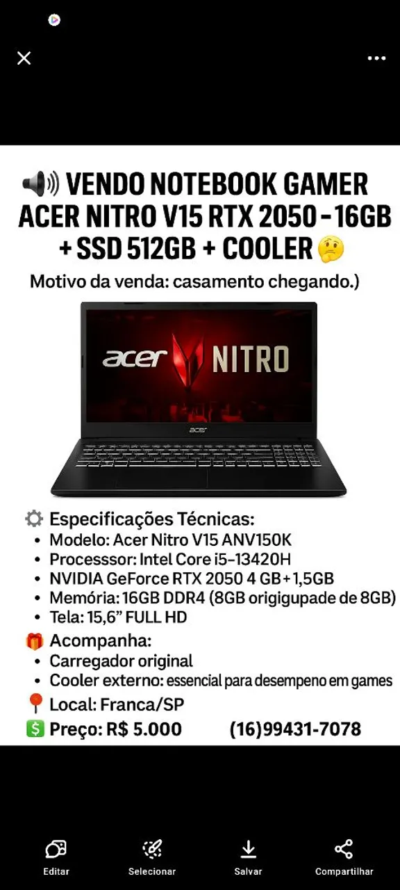 Notebook Gamer Acer Nitro V15 RTX 2050 - 16GB + SSD 512GB