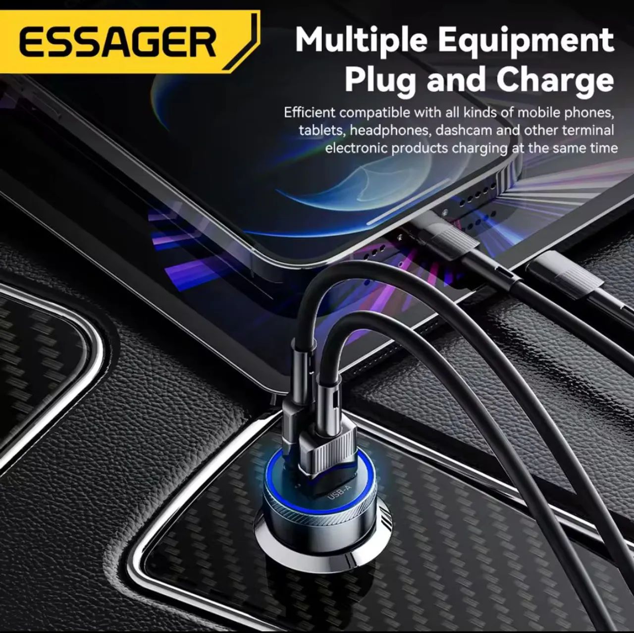 Carregador Veicular 54W ESSAGER - 3.0 QC SCP AFC  Tipo C e USB - Mini - Foto 2