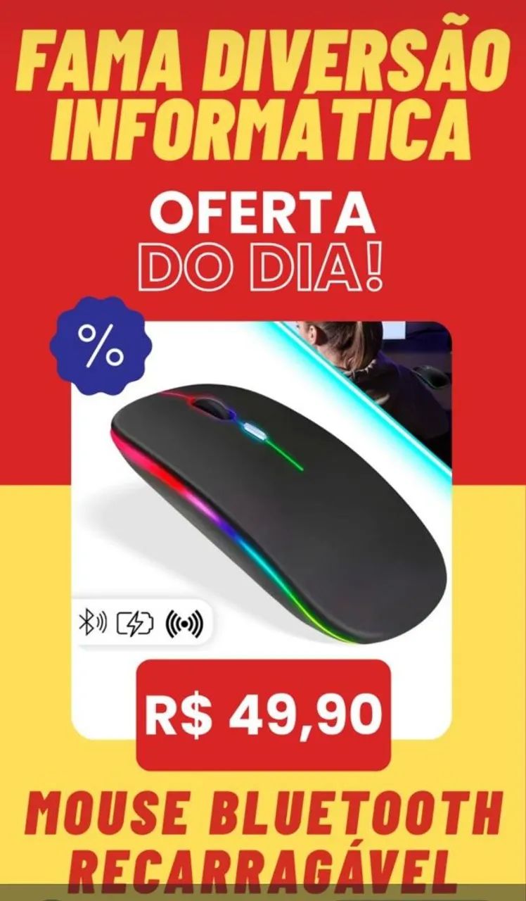Mouse sem Fio com led não precisa de pilha