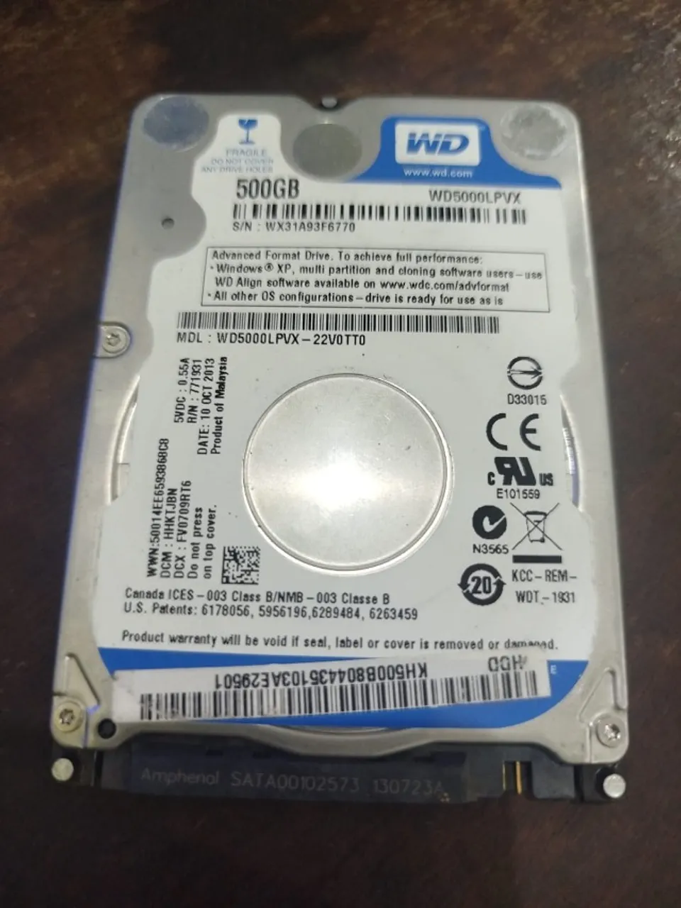 HD P/ NOTEBOOK WESTERN DIGITAL BLUE 500GB 2,5