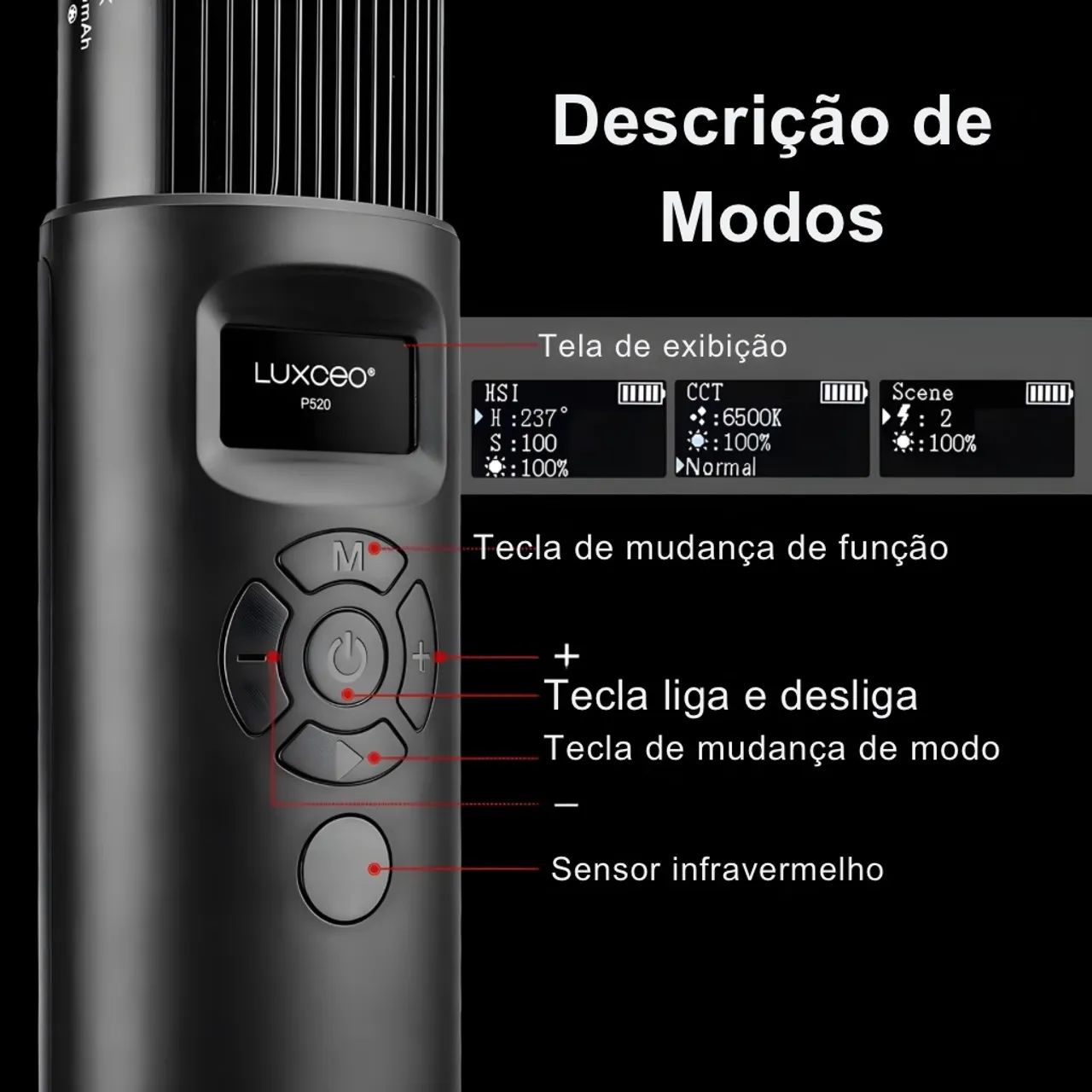 Bastão de Led profissional Luxceo P520 com 18w e 36w de potência, Autonomia de até 2h - Foto 4