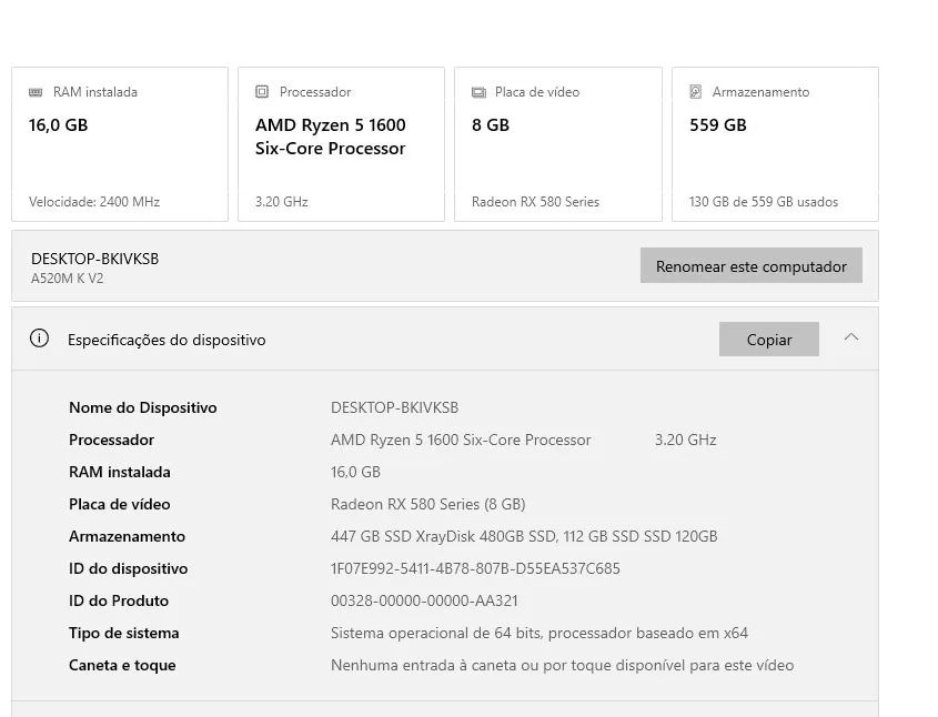 Ryzen 5 1600 8 gb memória ddr4  placa de vídeo rx580