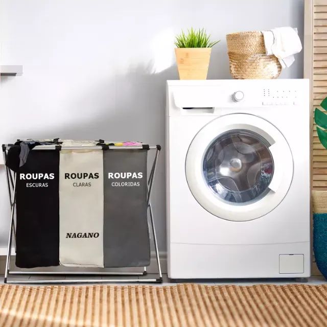 Cesto De Roupa Suja Organizador 3 Divisórias Dobrável - 65 x 40 x 60cm - E035994 - Foto 2