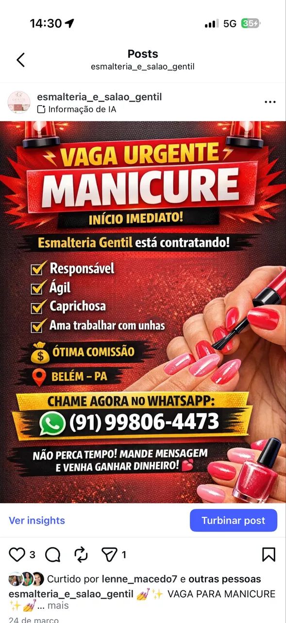 Vaga para manicure urgente 