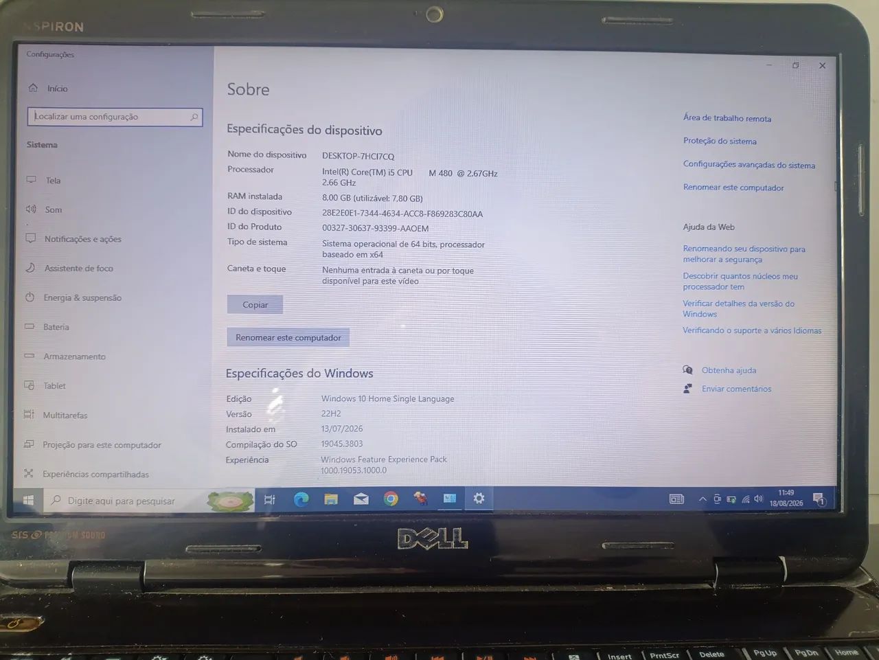 Vendo Notebook Dell Inspiron N5010 15 polegadas.