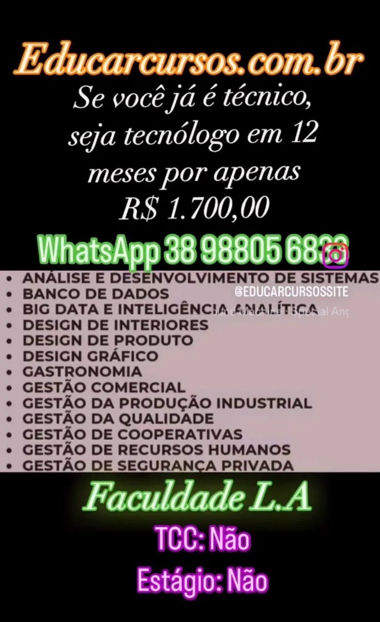 SE VOCÊ É TÉCNICO SEJA TECNÓLOGO EM 01 ANO