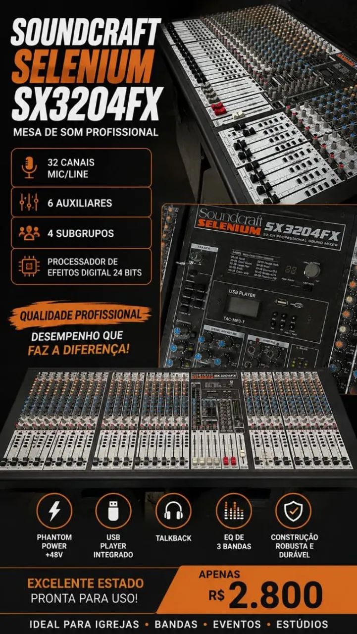 Mesa de Som Profissional Soundcraft Selenium SX3204FX - 32 Canais com Efeitos e USB