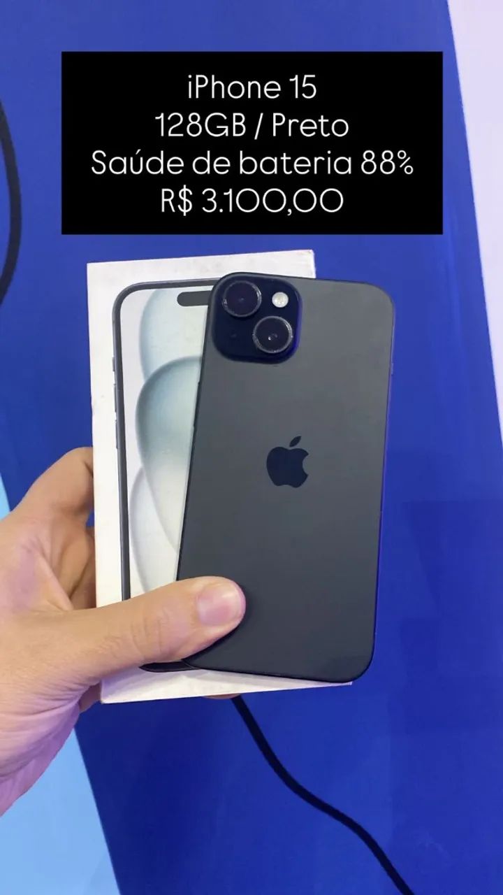 Seminovo: iPhone 15 128GB/ Preto / Saude de Bateria 88% - Loja