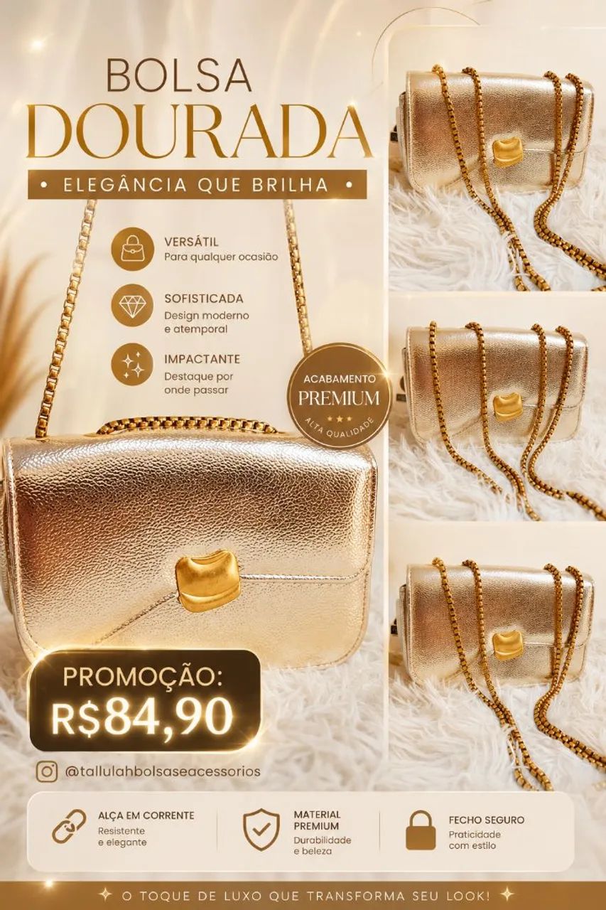 Bolsa Feminina Dourada Chiquérrima Nova - Foto 3