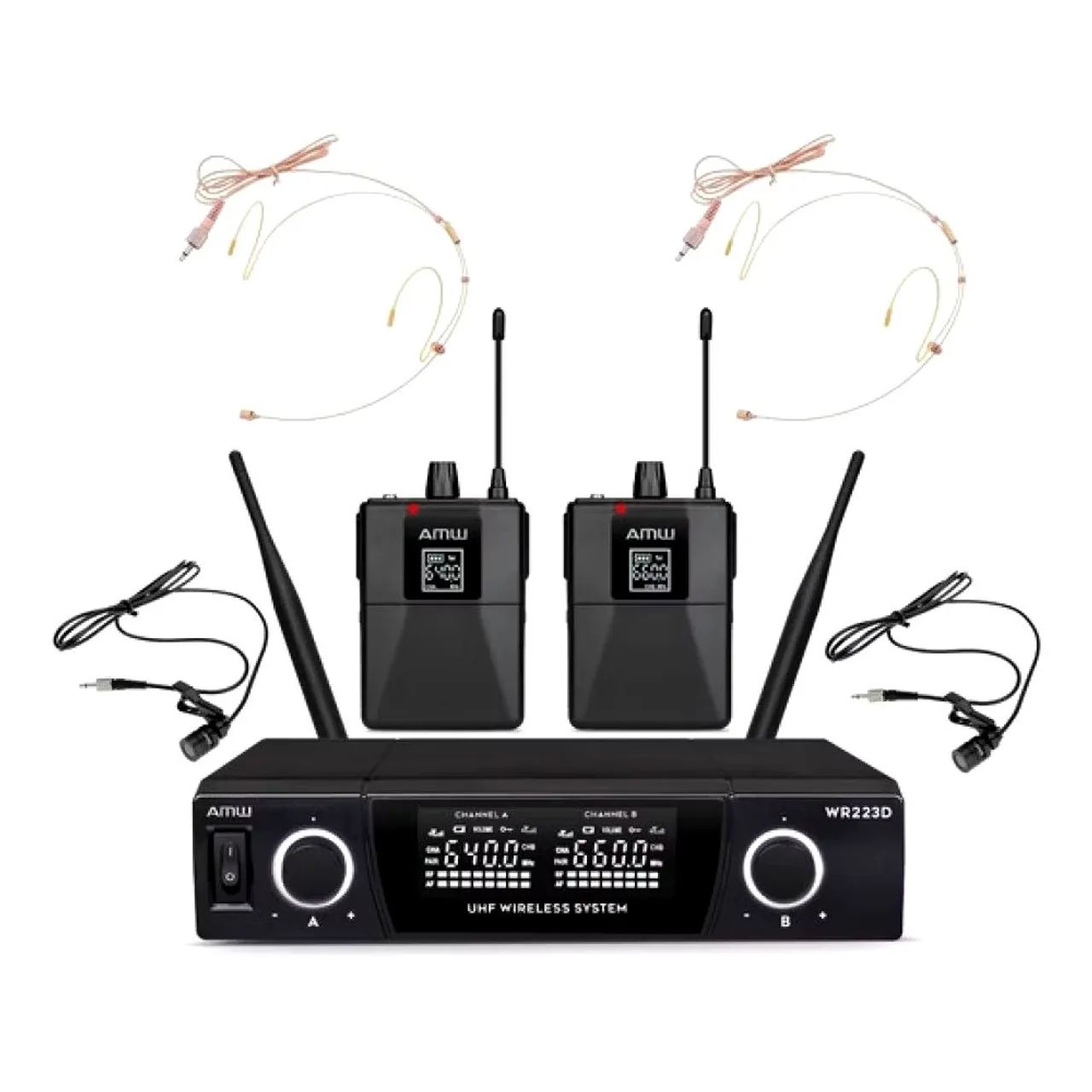 Microfone Auricular e lapela sem fio duplo UHF 