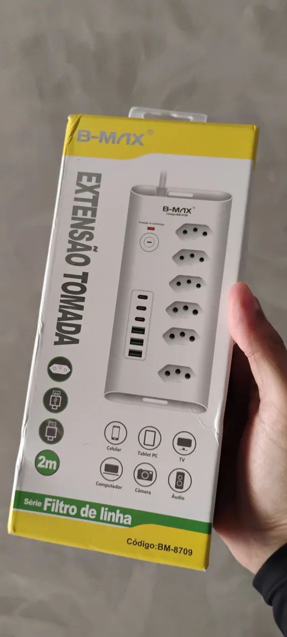 Filtro de Linha 6 Tomadas(10A/16A) - 03 Entradas USB e 03 Tipo-C 2M - B-MAX