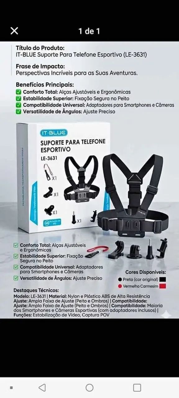 Suporte peitoral para celular e câmera GoPro