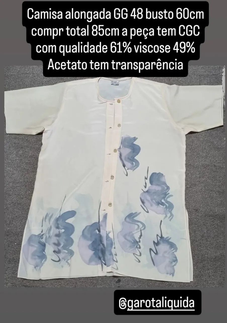 Camisa alongada GG 48 busto 60cm compr total 85cm tem transparência