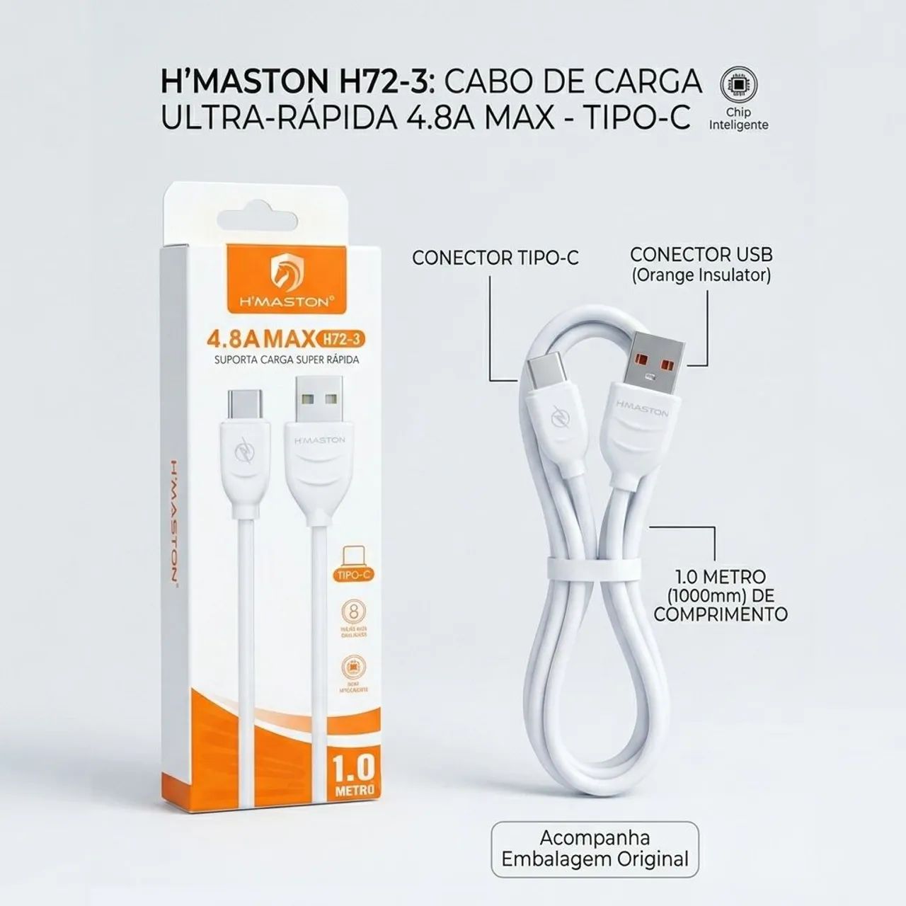 Cabo USB Tipo-C Turbo 4.8A Carga Rápida H'Maston 1M - Foto 2