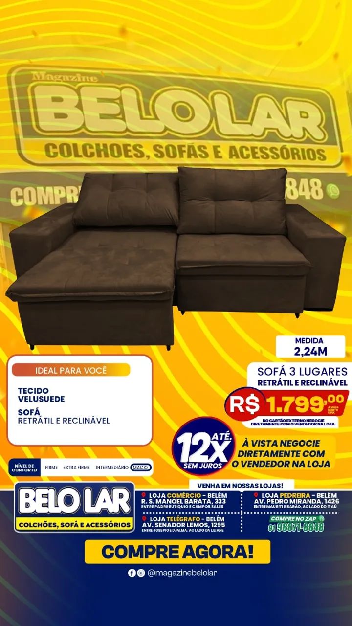 Sofá 3 Lugares Retrátil e Reclinável