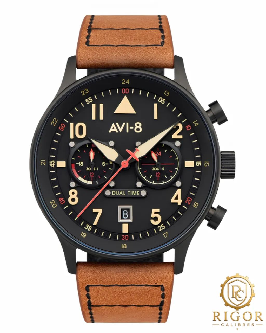 Relógio AVI-8 Hawker Hurricane Carey: Dual Time, Militar, Couro, 43mm, Calibre Quartz