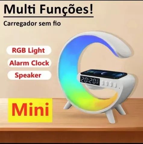 LUMINÁRIA RGB COM CARREGADOR INDUÇÃO, BLUETOOTH, ENTRADA PARA CARTÃO DE MEMÓRIA, NOVO!