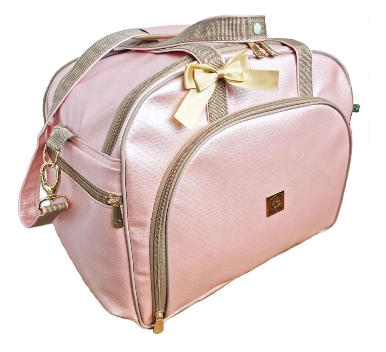 Bolsa maternidade bebê rosa com detalhes em dourado
