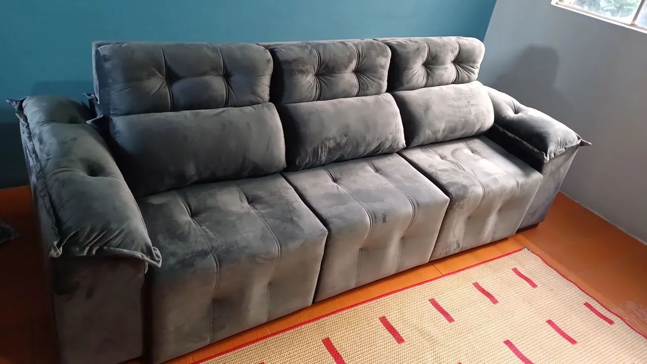 Sofa Retratil 2.50 Pronta Entrega - Veludo Azul e.Cinza - Foto 5