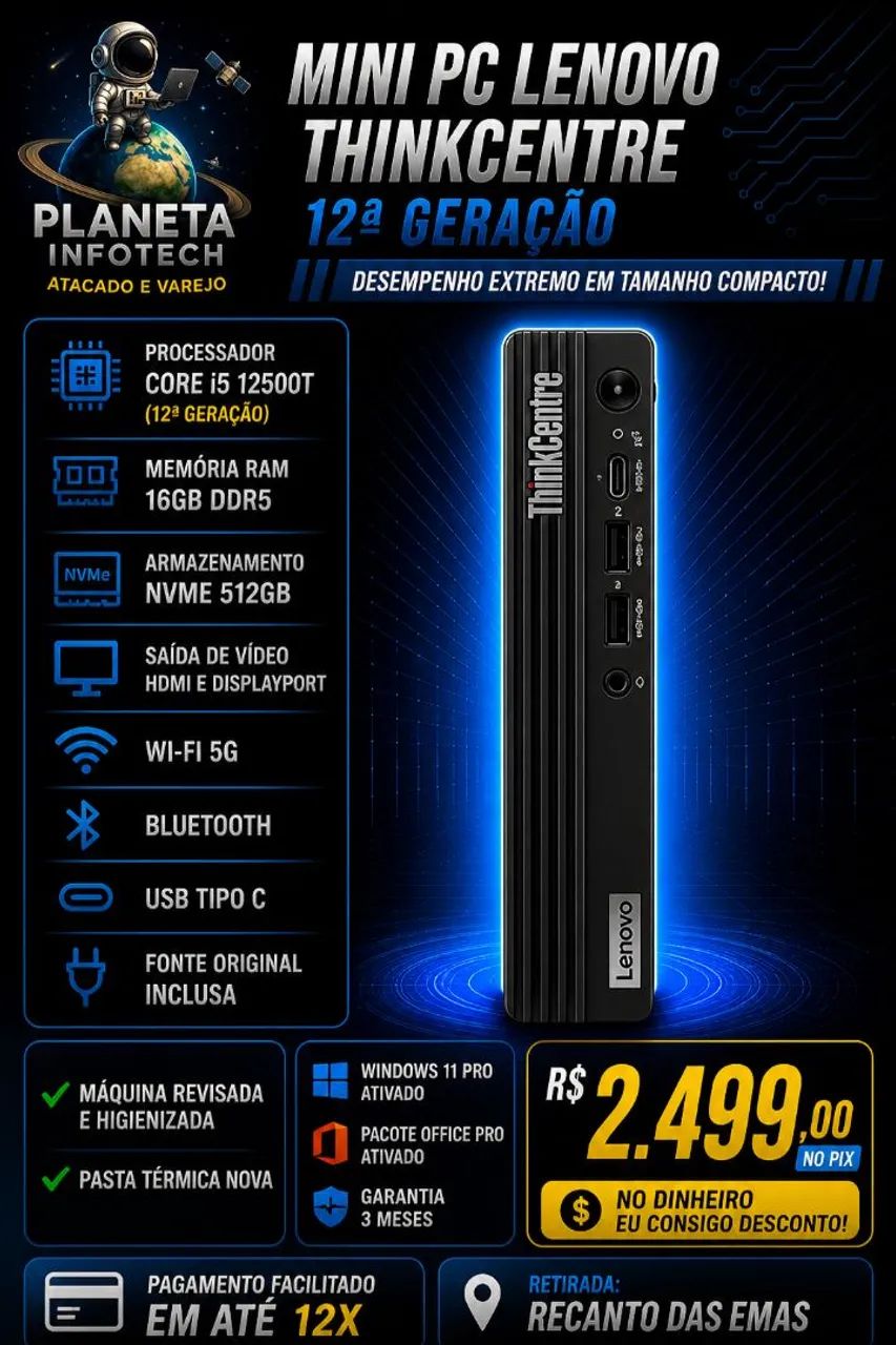 Mini PC Lenovo core i5 12500T com 16gb de ram DDR5 + NVME 512gb