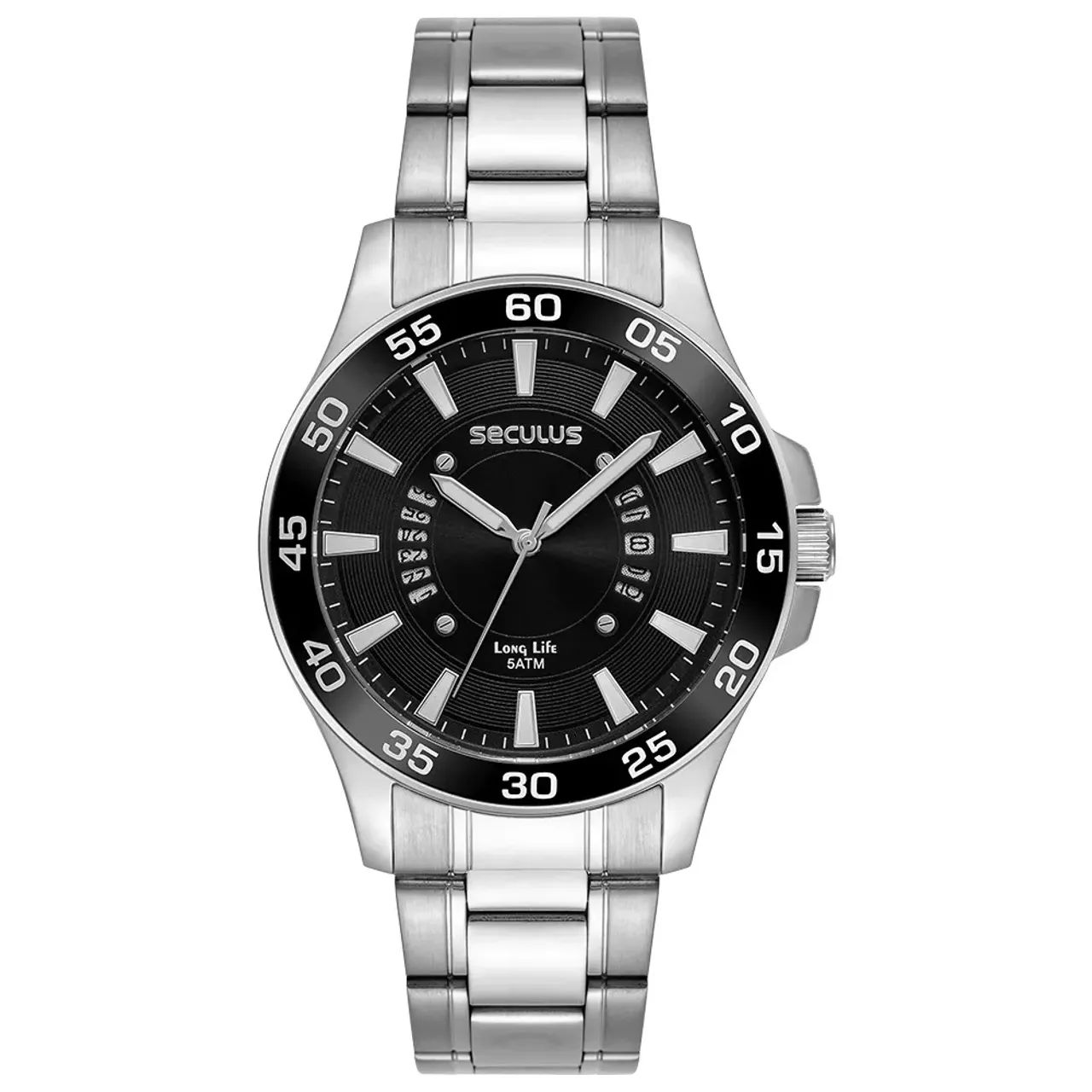 Relógio em aço fundo preto Seculus masculino original