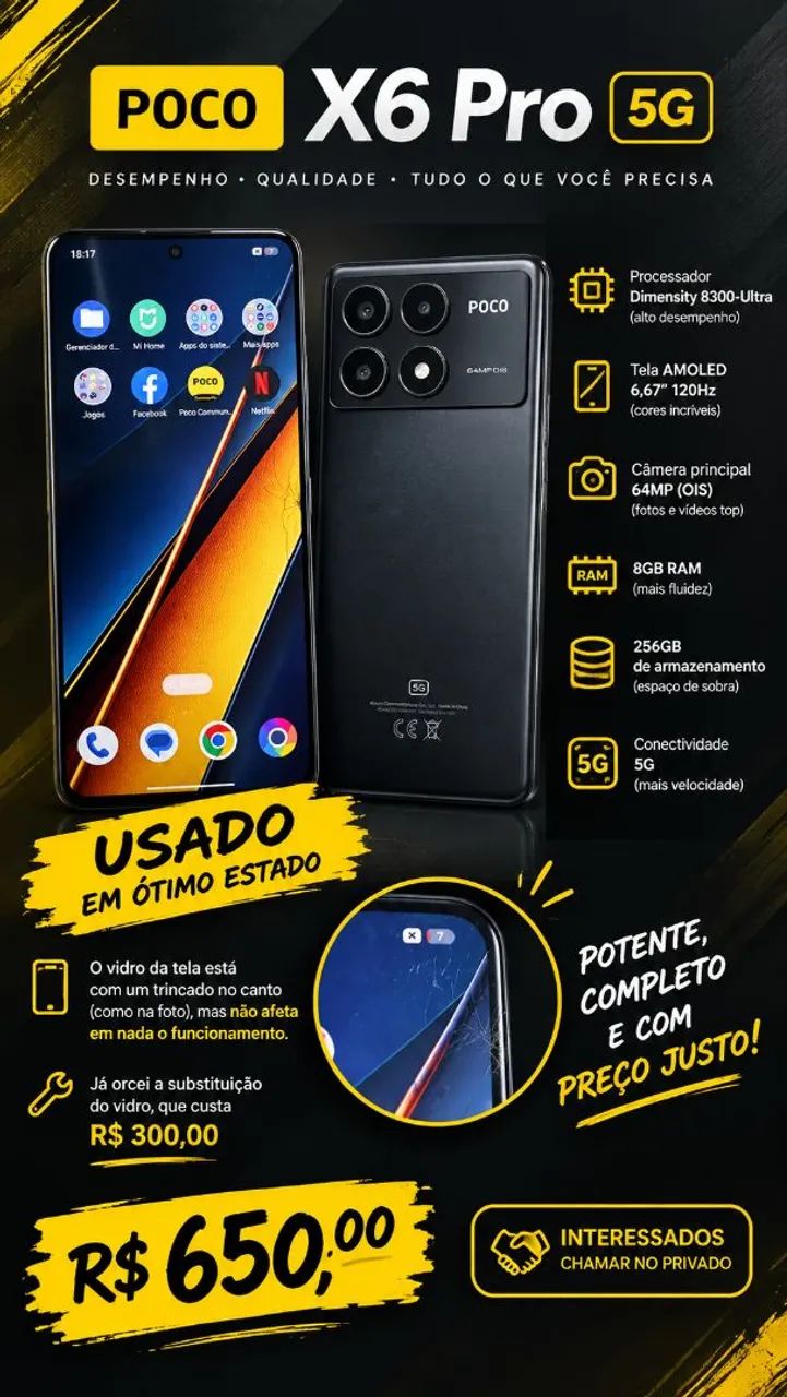 Celular POCO X6 Pró - Usado - Tela/Vidro com detalhe
