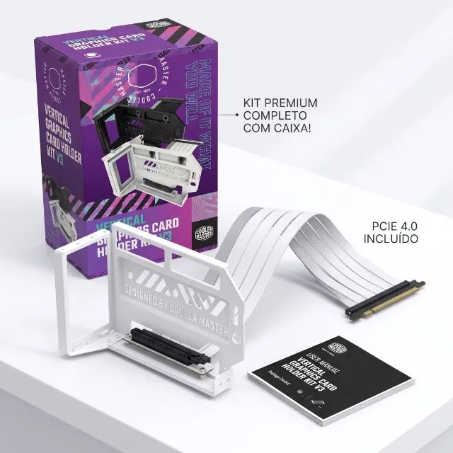 Suporte Vertical GPU Premium Cooler Master Kit V3 Branco PCIe 4.0 Completo Caixa