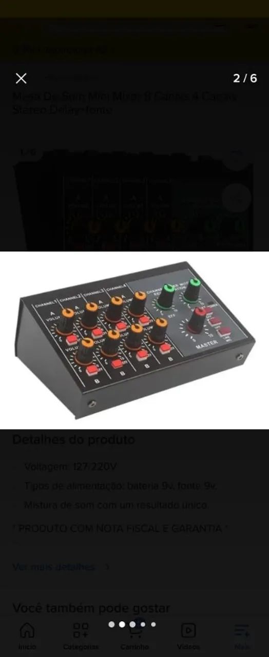 Mesa de som ,mixer 8 canais 