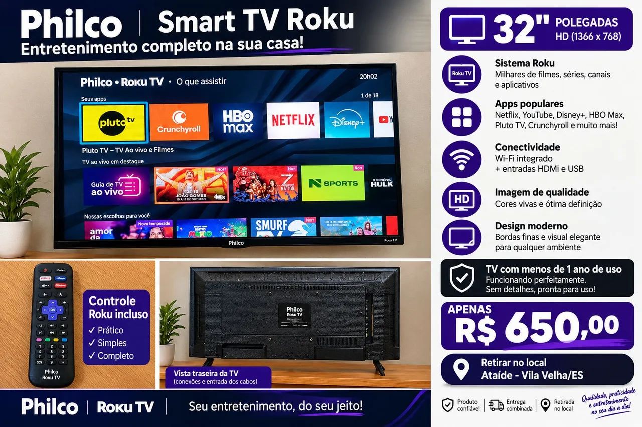 Smart TV Philco Roku 32 Polegadas HD - Controle Incluso<br>