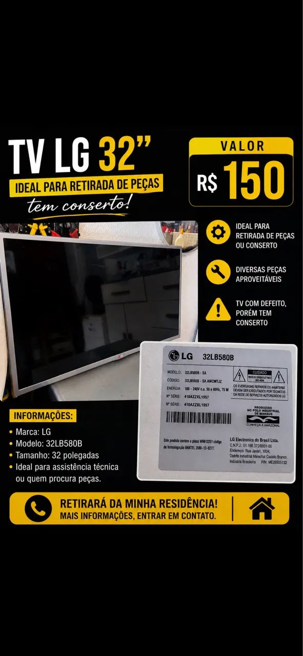 Vendo TV com defeito para retirada de peças
