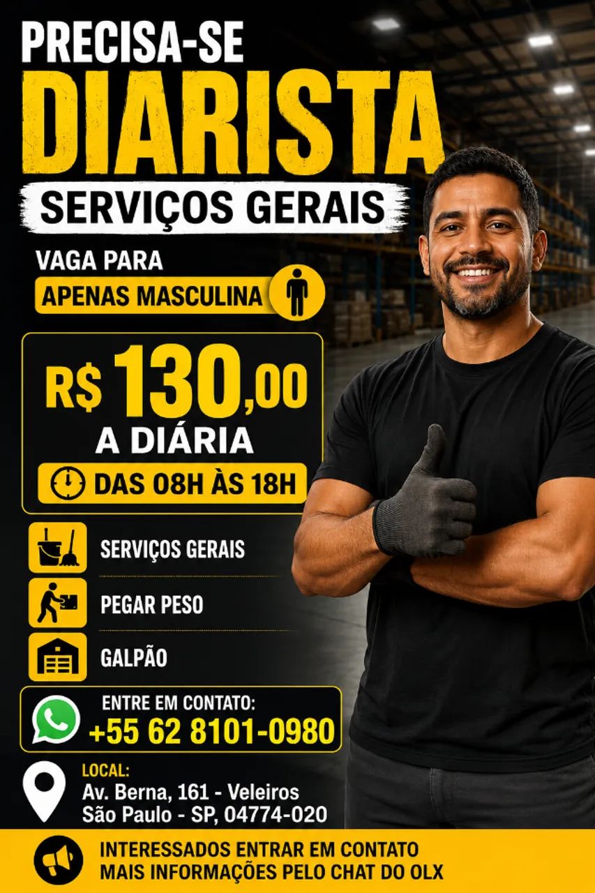 Precisa-se diarista R$130 a diária das oito às 18 Serviços gerais