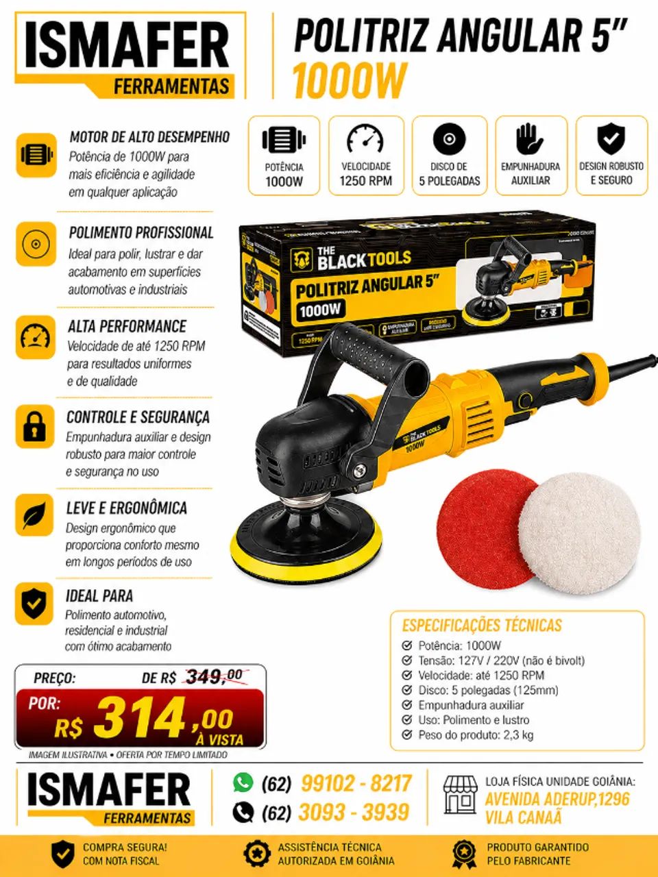 Politriz Angular Automotiva 5 Polegadas 1000w 2800-5800 Rpm Btp1000 The Black Tools