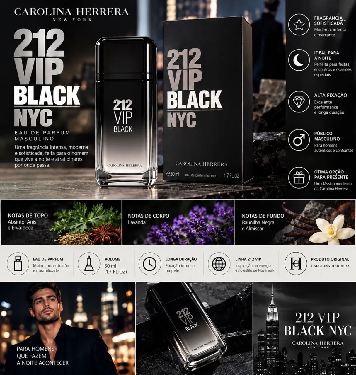 Perfume 212 black VIP Parfun 50ml original lacrado 