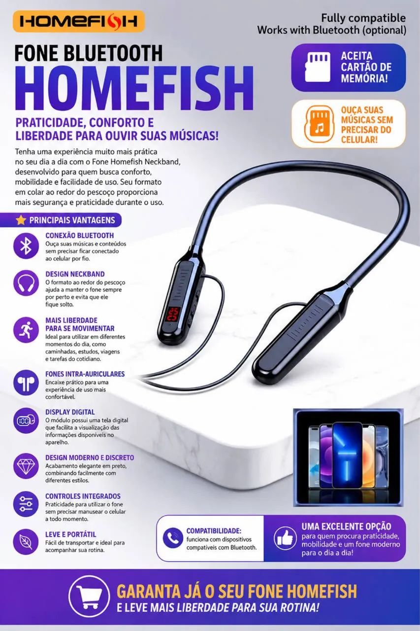 fone Bluetooth de pescoço com mostrador digital e cartão de memória