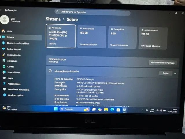 NOTEBOOK DELL | I7 10ºGEN | NVIDIA MX230 2GB | 16GB RAM | 256GB