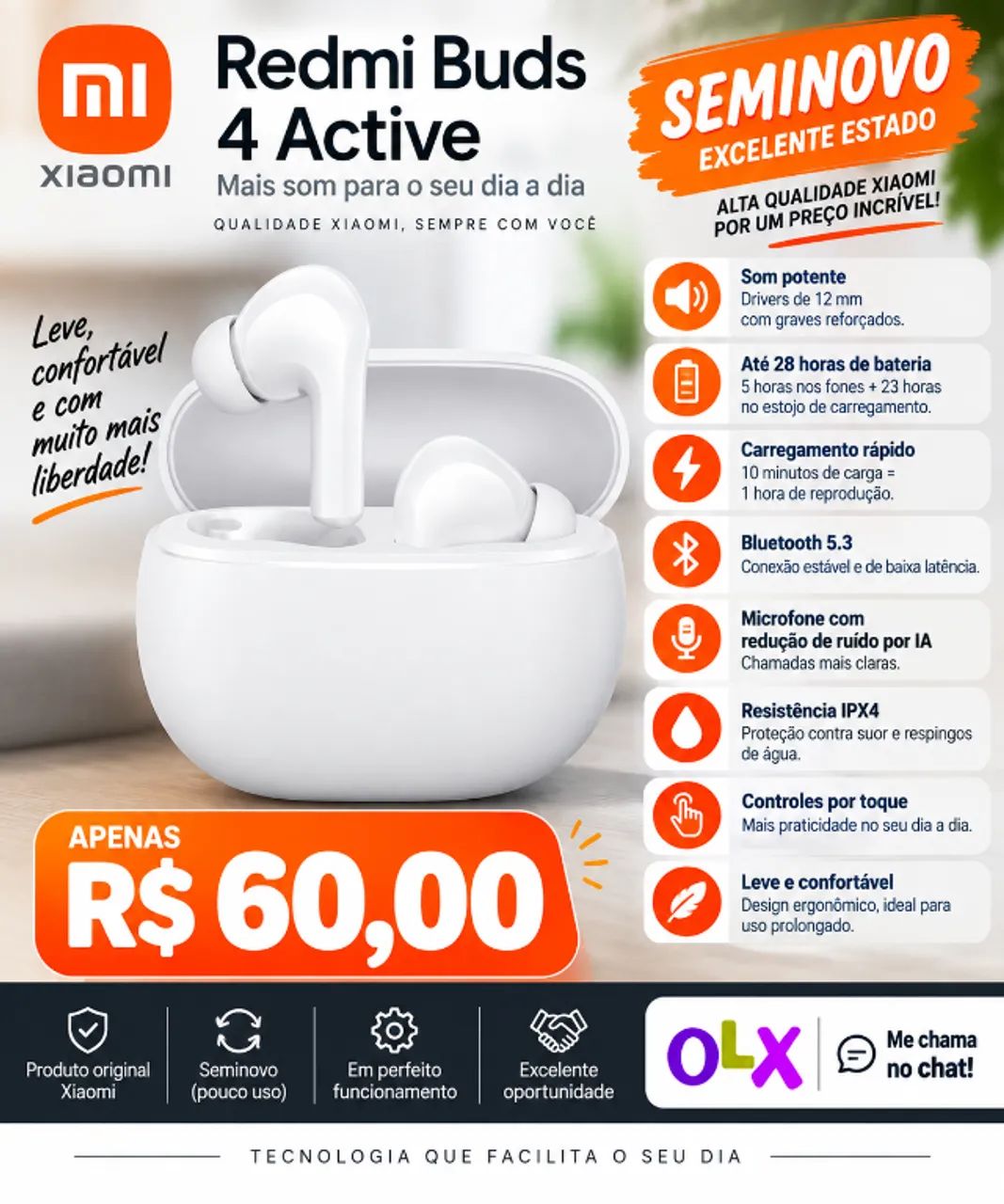 Fone de Ouvido - Redmi Buds 4 Active (Seminovo)