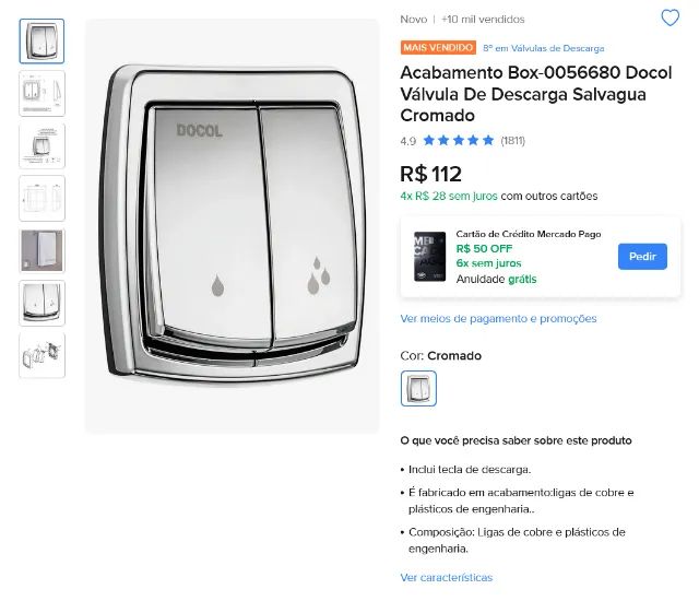 Kit com 4 unidades de Acabamento Box-0056680 Docol Válvula De Descarga Salvagua Cromado - Foto 2