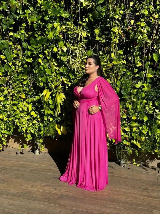 Vestido de Festa Longo Rosa com Manga