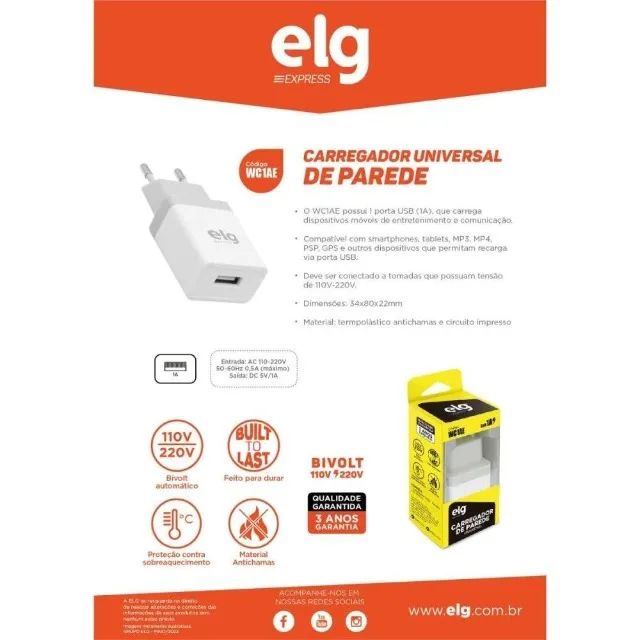 Carregador Parede Universal Usb 5v 1a Bivolt ELG Wc1ae  - Foto 4