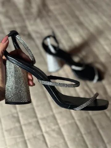 Sandália Santa Lolla Preta Salto Alto Strass Prata Tamanho 35